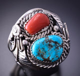 Size 12-1/2 Silver & Turquoise w/ Coral Navajo Ring by Leonard Spencer 4A12T