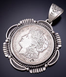 Silver Navajo Handmade Morgan Silver Dollar Pendant by Erick Begay 6F27U