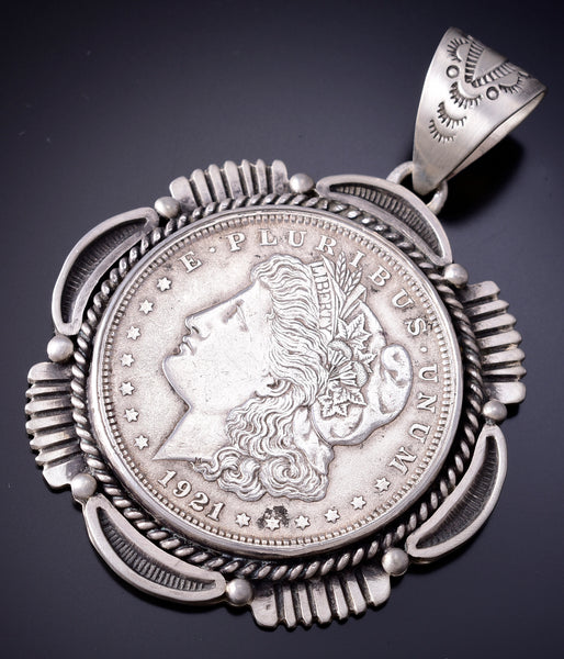 Silver Navajo Handmade Morgan Silver Dollar Pendant by Erick Begay 6F27U