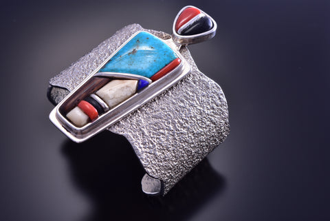 Vintage - Silver & Turquoise Navajo Tufacast Bracelet Lyndon B. Tsosie - 6J30L