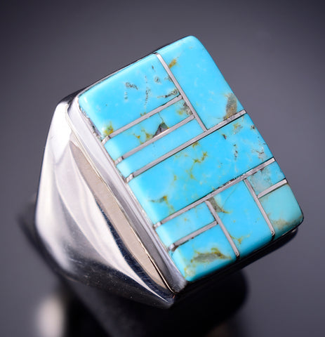 Size 10-1/2 Silver & Turquoise Navajo Inlay Men's Ring 6D27J