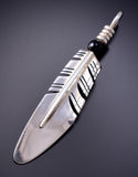 Medium Silver Feather with Black Onyx Bead Pendant by Ray Tracey - 6J32G