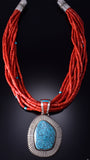 Silver & Kingman Turquoise w/ Coral Navajo Handmade Necklace Erick Begay 6C02Y