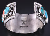 Vintage Silver & Turquoise w/ Coral Navajo "Watch on Side" Watch Bracelet 5K17A