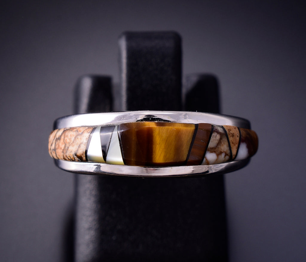 Size Silver Tiger Eye Multistone Navajo Inlay Ring by TSF 3L16P