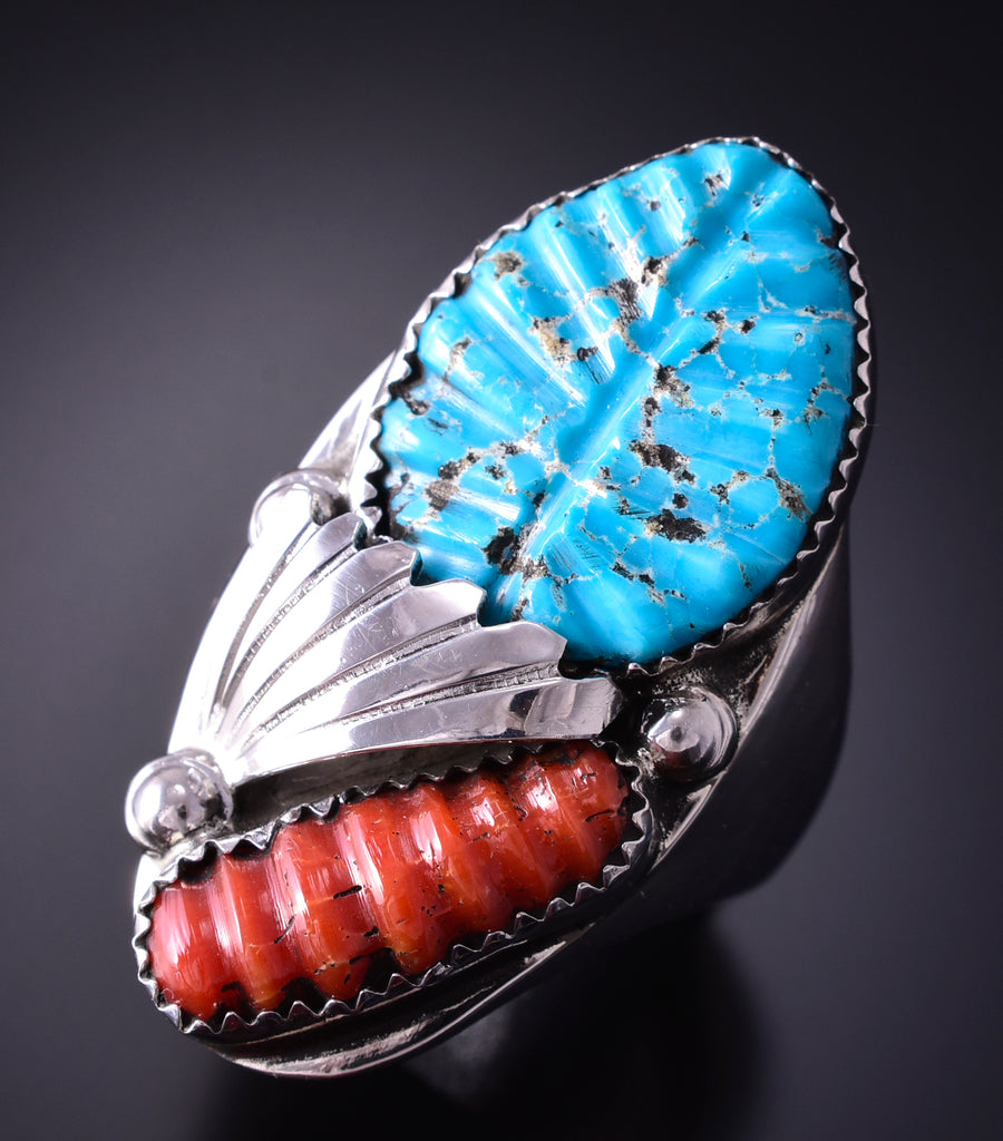 Leo Yazzie Vintage Navajo Argent Sterling & 14k Or Corail Turquoise Leo Yazzie Vintage Navajo Argent Sterling & 14k Or Corail Turquoise