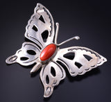 Vintage Silver & Coral Navajo Handmade Open Face Butterfly Brooch 5G12M