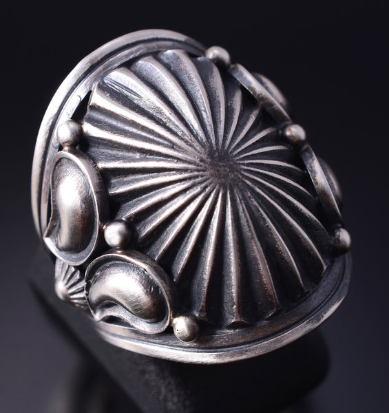 Size 6-3/4 Silver Navajo Handstamped Concho Face Ring by Derrick Gordon 5H21M