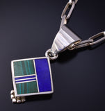 Vintage Silver & Lapis w/ Malachite Navajo Inlay Pendant by Ray Tracey 5H21J