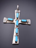 Silver & Turquoise Zuni Handmade Cross Pendant by C. Iule 3F10Z