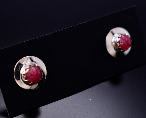 Pink Fire Opal - Navajo Handmade Sterling Silver Post Earrings by Juanita Manygoats - 6J31L
