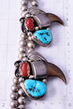 Vintage Silver & Turquoise Coral Bear Claw Navajo Necklace by EB 4K28A