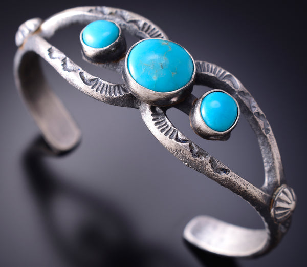 Navajo Sandcast Bracelet with Kingman Turquoise by Kevin Billah 6K28O