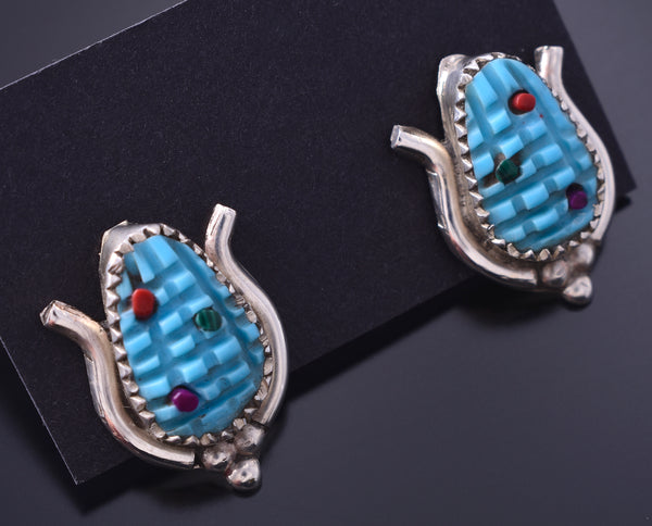 Silver & Turquoise Multistone Zuni Inlay Corn Earrings by Tracy Bowekaty 3H02P
