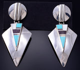 Vintage Silver & Turquoise Multistone Navajo Inlay Earrings by Ray Tracey 5L21O