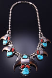 Vintage Silver & Turquoise Coral Bear Claw Navajo Necklace by EB 4K28A