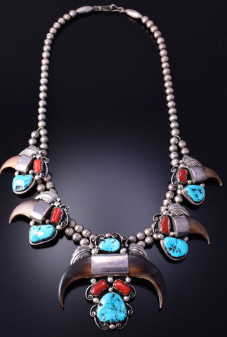 Vintage Silver & Turquoise Coral Bear Claw Navajo Necklace by EB 4K28A