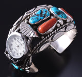 Vintage Silver & Turquoise w/ Coral Navajo "Watch on Side" Watch Bracelet 5K17A