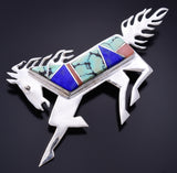 Vintage Silver & Turquoise Multistone Navajo Inlay Horse Brooch 6B14K