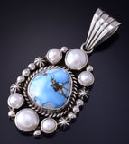 Silver & Golden Hills Turquoise Fresh Pearl Navajo Pendant by Erick Begay 5F30X