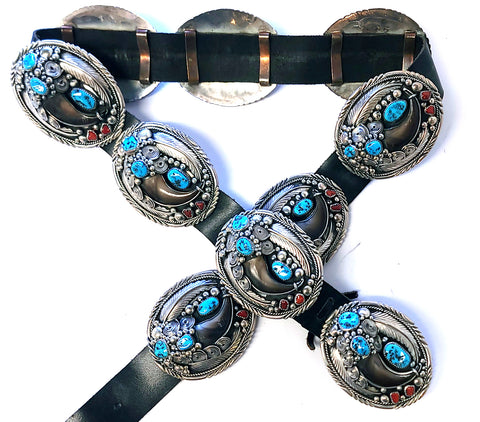 Vintage Concho Belt by Elaine Sam Turquoise, Coral and Bearclaws - 5L11Q