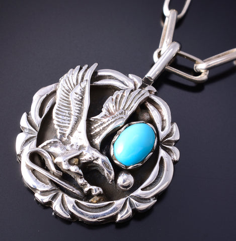Navajo Silver Flying Eagle Turquoise Pendant with Sleeping Beauty Turquoise- 5L17W