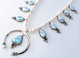 Silver & Golden Hills Turquoise & Fresh Pearl Navajo Squash Blossom Necklace by Erick Begay 3H21W