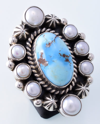 Size 7 Silver & Golden Hills Turquoise & Fresh Water Pearl Navajo Ring by Erick Begay 3H19E