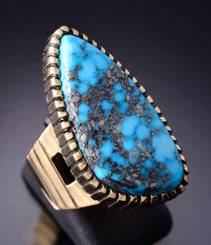 Size 7-1/2 18k Gold & Kingman Turquoise Navajo Handmade Ring - Erick Begay 4C01X