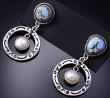 Silver & Golden Hills Turquoise w/ Fresh Pearl Navajo Earrings Erick Begay 6C02K