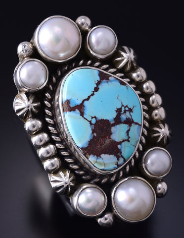 7-3/4 Silver & Golden Hills Turquoise Fresh Pearl Navajo Ring Erick Begay 5F30G