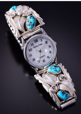 Silver & Turquoise Navajo Eagle Feathers Watch by Jeanette Saunders 4F25K