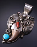 Silver Multistone & Bear Claw Navajo Feathers Pendant by Jerry Thompson 5J29F