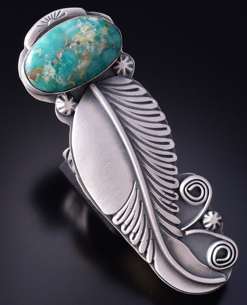 Size 7-1/2 Silver & Kingman Turquoise Navajo Long Ring by Jeff James 5L13E