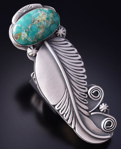 Size 7-1/2 Silver & Kingman Turquoise Navajo Long Ring by Jeff James 5L13E