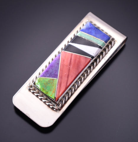 Silver & Turquoise Multistone Navajo Inlay Money Clip by Arnold Yazzie 4E27X