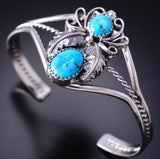 Silver & Turquoise Navajo Handmade Eagle Feathers Bracelet Harry B. Yazzie 6D27O