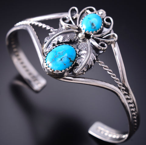 Silver & Turquoise Navajo Handmade Eagle Feathers Bracelet Harry B. Yazzie 6D27O