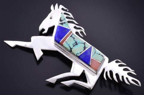 Vintage Silver & Turquoise Multistone Navajo Inlay Horse Brooch 6B14K