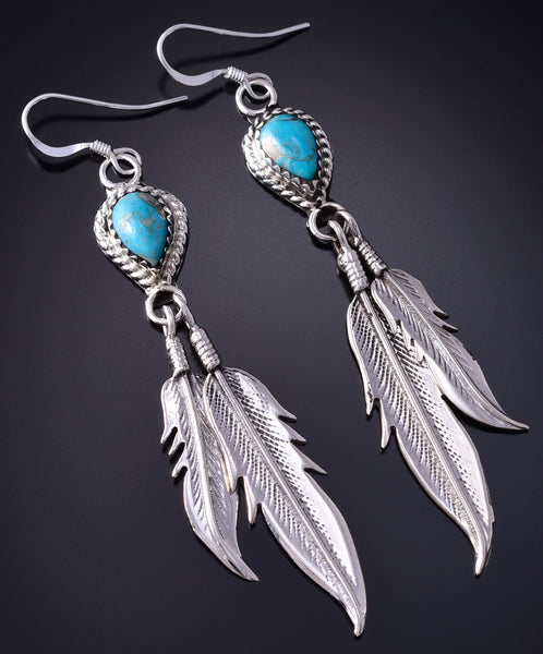 Silver & Turquoise Navajo Handmade Eagle Feather Earrings Sharon McCarthy 5G16S