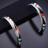 Silver Multistone Zuni Inlay Half Hoop Earrings by Jeanette Chavez 6G29X