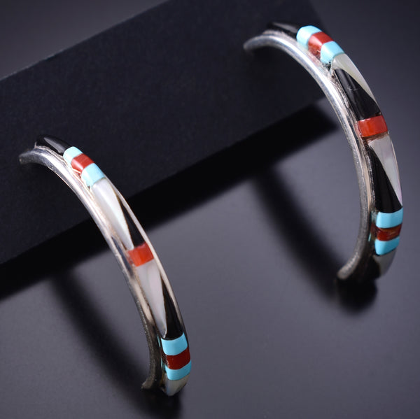 Silver Multistone Zuni Inlay Half Hoop Earrings by Jeanette Chavez 6G29X