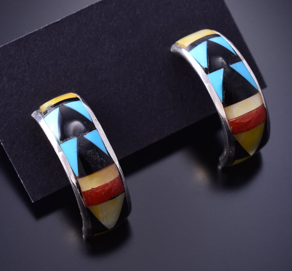 Silver & Turquoise Zuni Inlay Half Hoop Earrings by Delberta Boone 3H02B