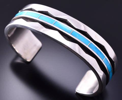 Silver & Turquoise Zuni Inlay Mountains Mens Bracelet by Larry Loretto 4A31G