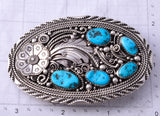Vintage Silver & Sleeping Beauty Turquoise Navajo Feathers Buckle by M 5H21P