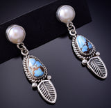 Silver & Golden Hills Turquoise Fresh Pearl Navajo Earrings by Erick Begay 6F27G