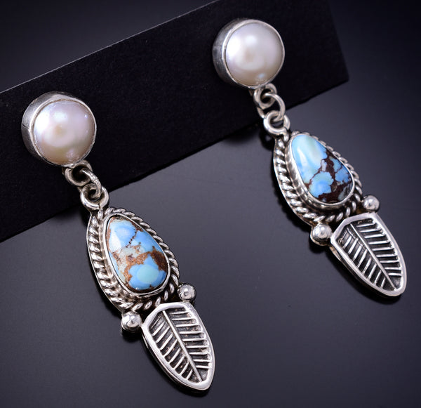 Silver & Golden Hills Turquoise Fresh Pearl Navajo Earrings by Erick Begay 6F27G