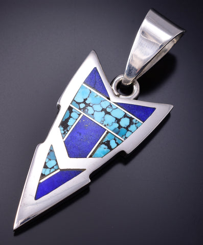 Vintage Silver & Turquoise Lapis Navajo Inlay Arrowhead Pendant Ray Tracey 6D28G