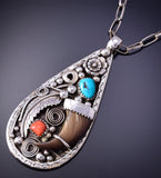 Silver & Turquoise Bearclaw Navajo Pendant 4K10G