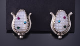 Silver & Mother of Pearl Zuni Inlay Corn Earrings by Tracy Bowekaty 3H02W